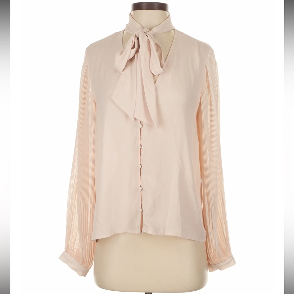Zara Blush Tie Neck Blouse with Pleated Sleeves